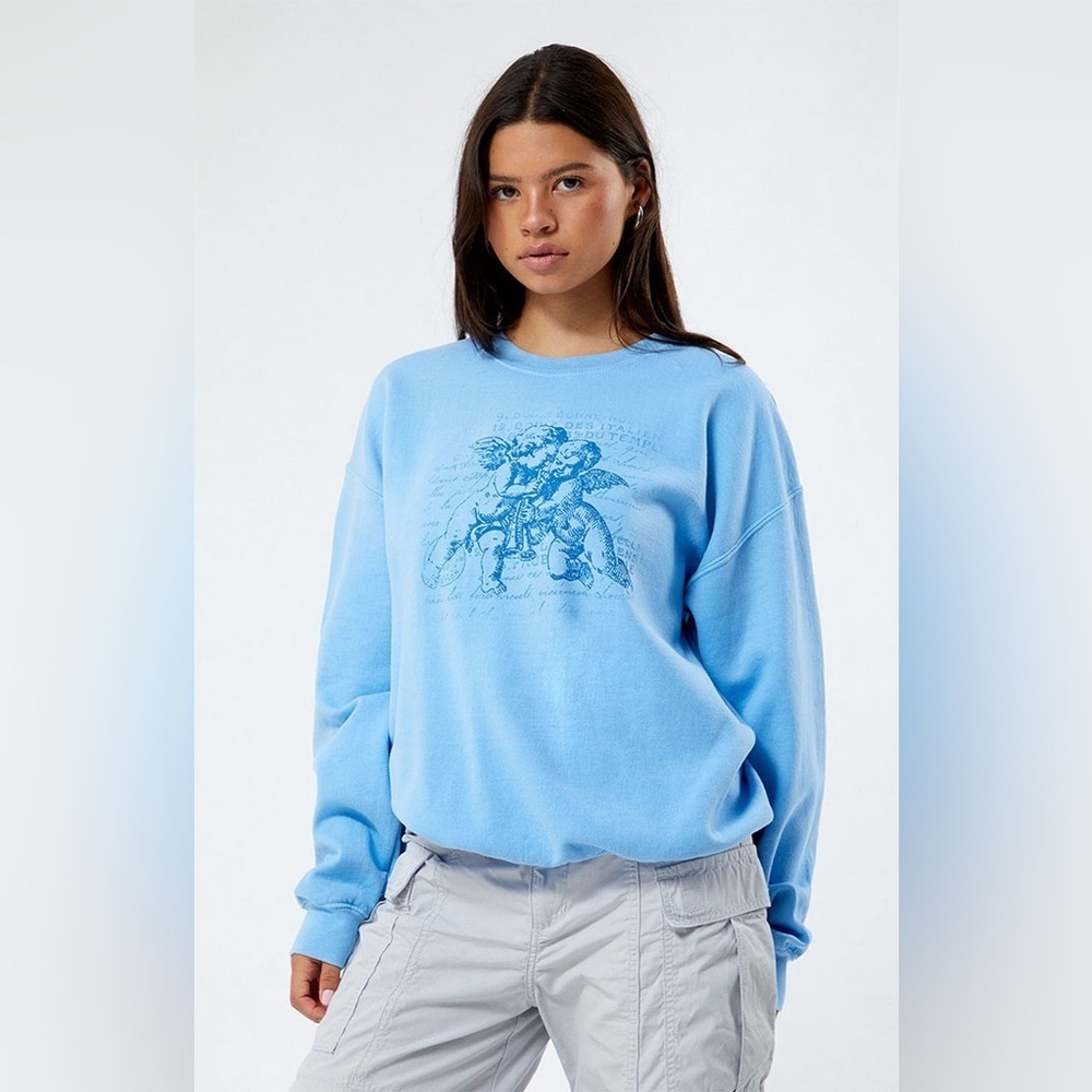 Women’s Golden Hour Angel Trumpets Crew Neck Sweatshirt in Color Blue Size L/XL